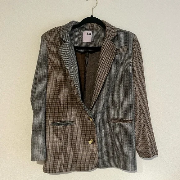 Oversized Houndstooth Mixed Plaid Blazer - Black and Brown - Picture 2 of 4